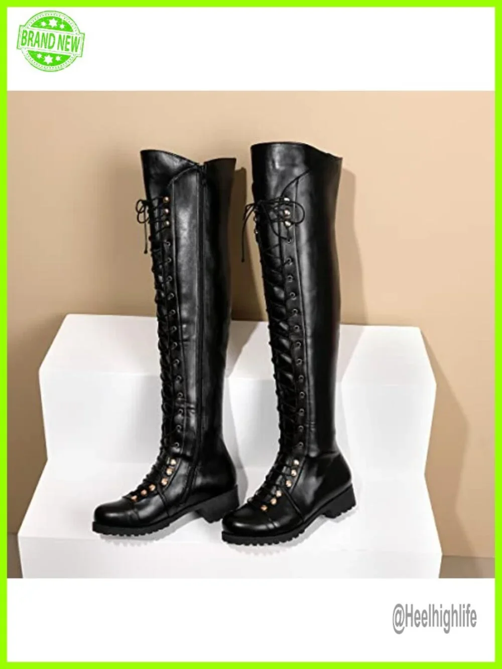 Over The Knee Lace-up Flat Long Boots PU Leather Riding Boot